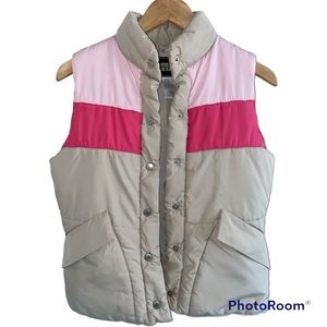 Guess Jeans Vintage 80’s Puffer Vest, Chevron Stripes, Tan and Pink, Sz M